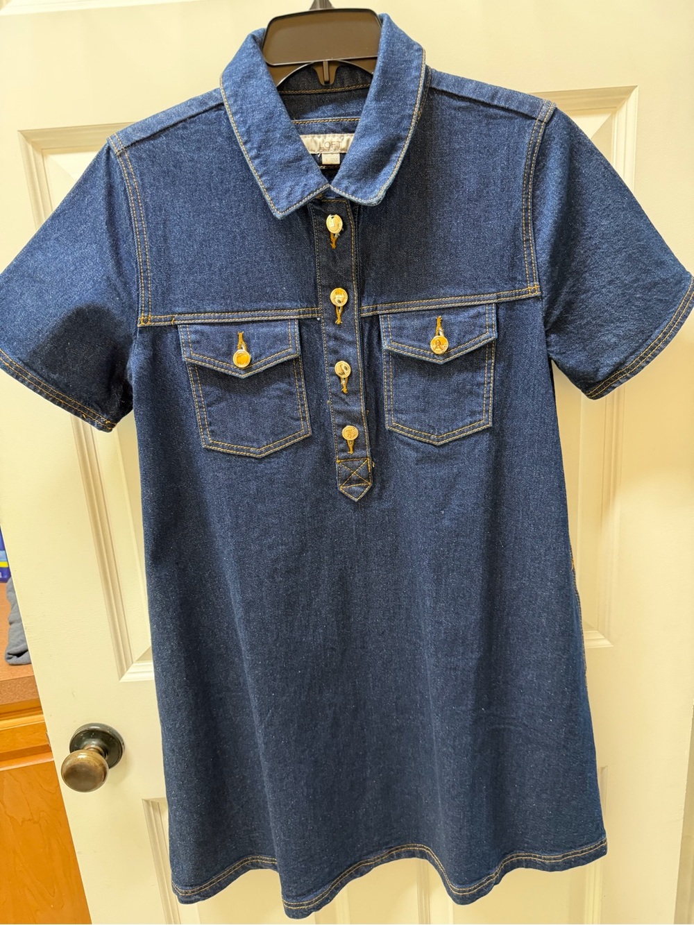 LOFT Indigo Denim Polo Mini Dress with Gold Buttons